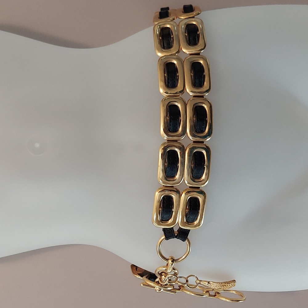 Vintage Late 1980s/Early 1990s Gold Chain & Woven Black Leather Double Link Belt - Picture 4 of 16